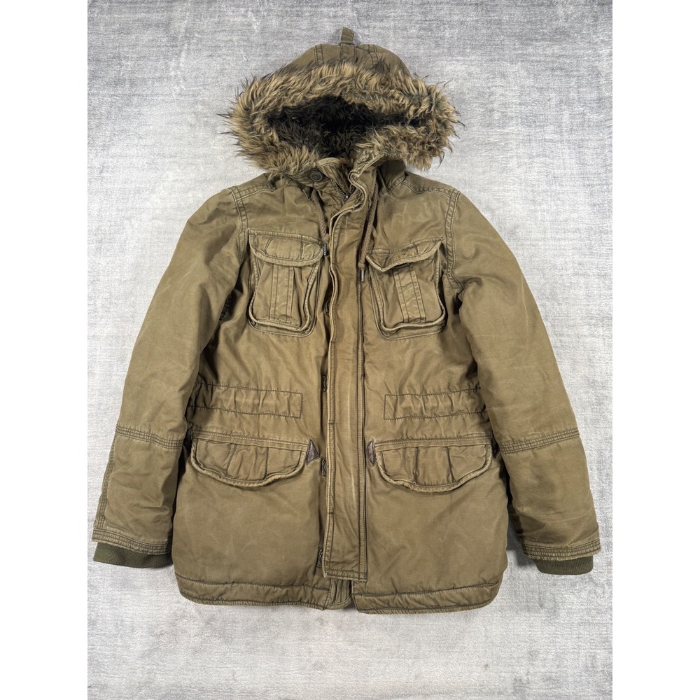 American Eagle Jacket Womens Medium Green Faux Fur Hood Utility Coat Plaid Lined
